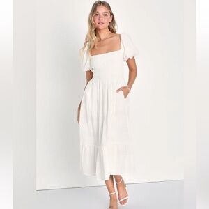 Lulus Budding Charm White Smocked Puff Sleeve Midi Dress With Pockets